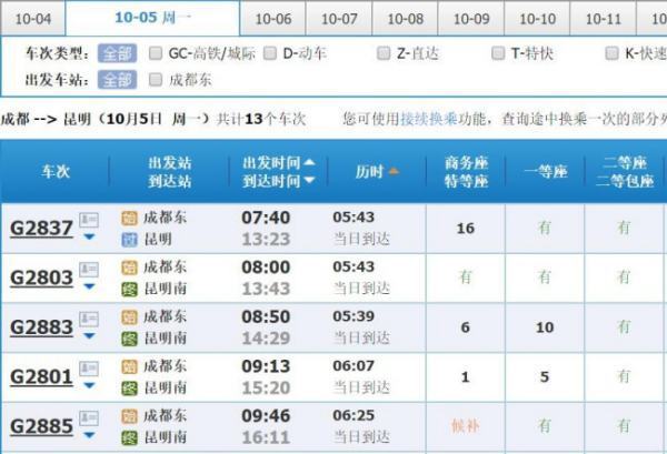 从成都到来自昆明的火车