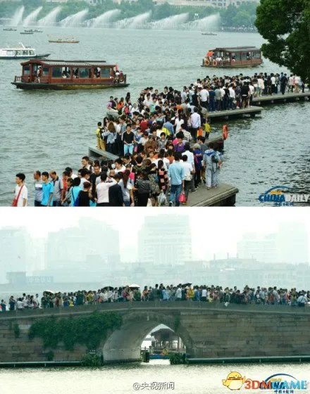 杭州西湖游客井喷 百万游客景区被挤成“三明治”
