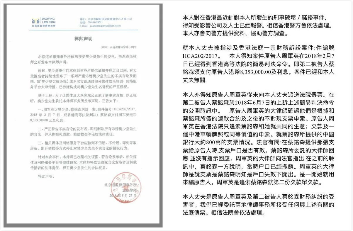 樊少皇发声明澄清什么事情？